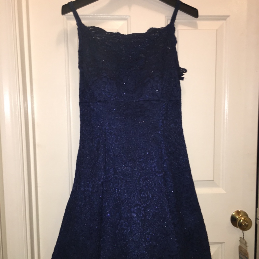Navy blue, sparkly, off shoulder, homecoming dress